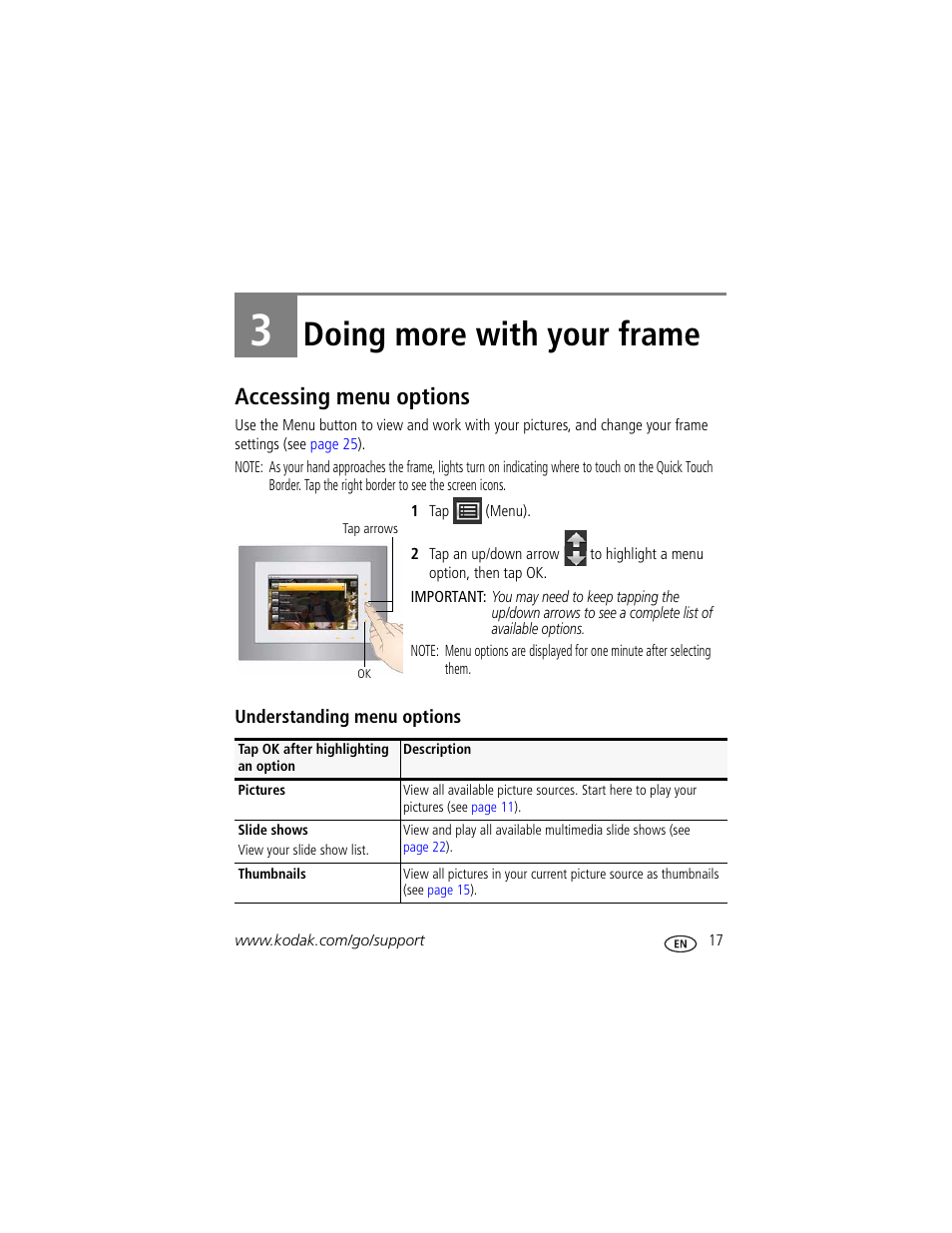 Doing more with your frame, Accessing menu options, Understanding menu options | 3 doing more with your frame | Kodak P730 User Manual | Page 23 / 52