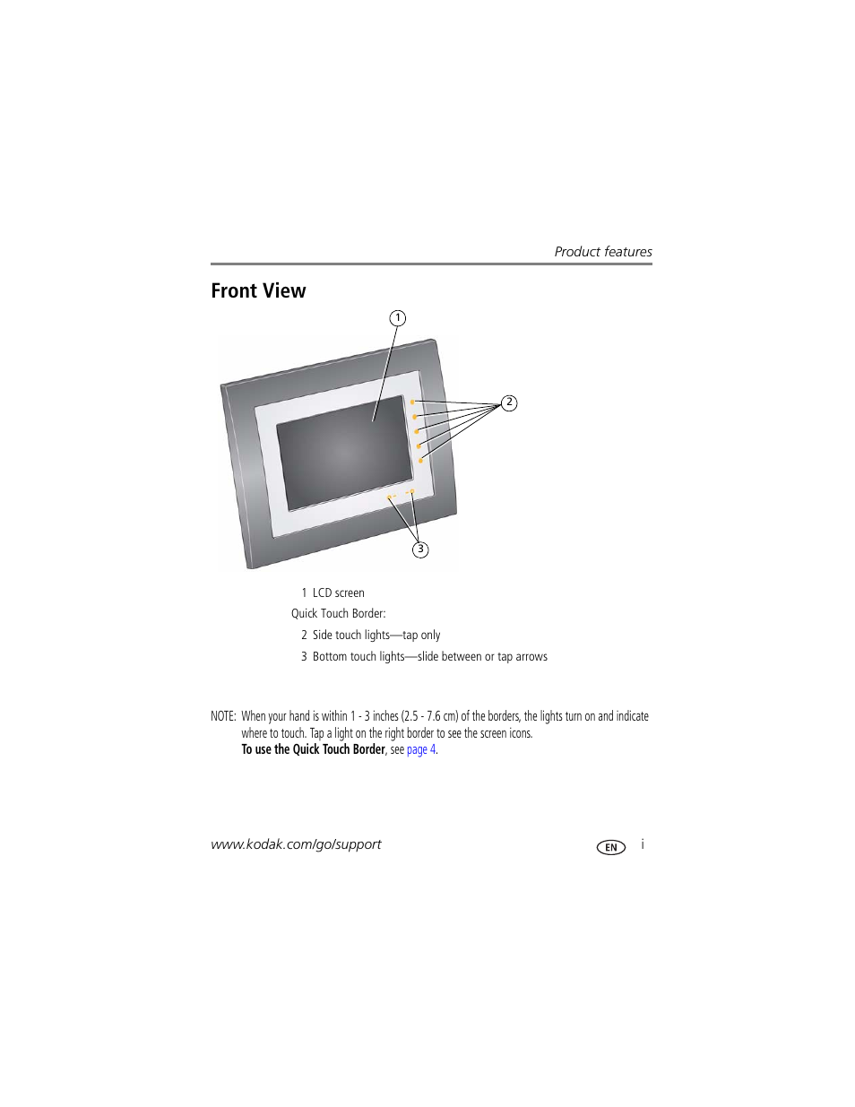Product features, Front view | Kodak P730 User Manual | Page 3 / 52