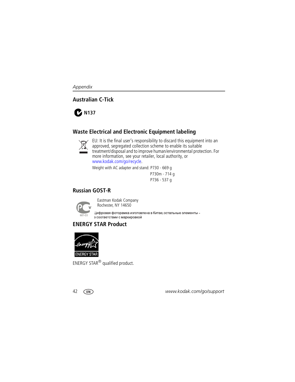 Australian c-tick, Waste electrical and electronic equipment labeling, Russian gost-r | Energy star product | Kodak P730 User Manual | Page 48 / 52