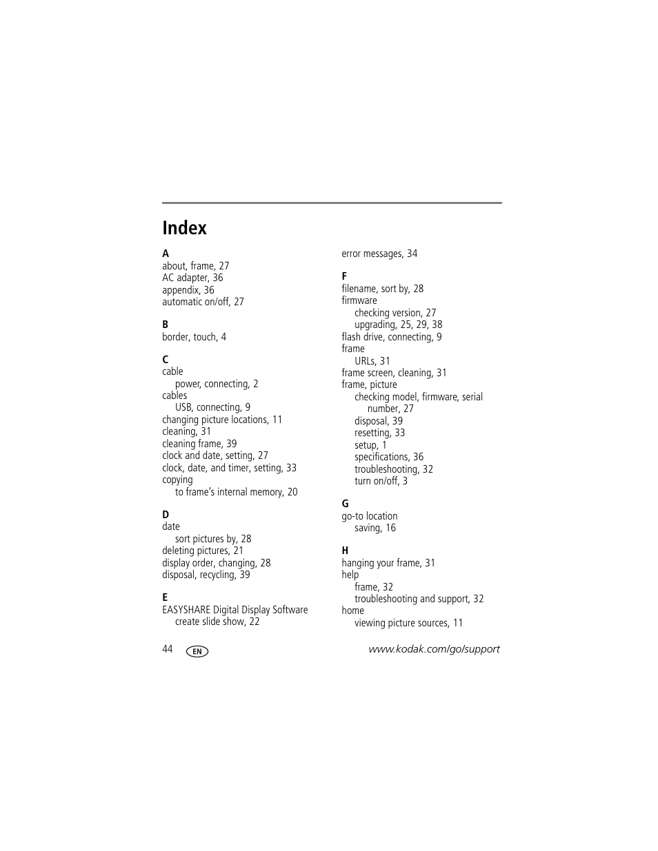 Index | Kodak P730 User Manual | Page 50 / 52