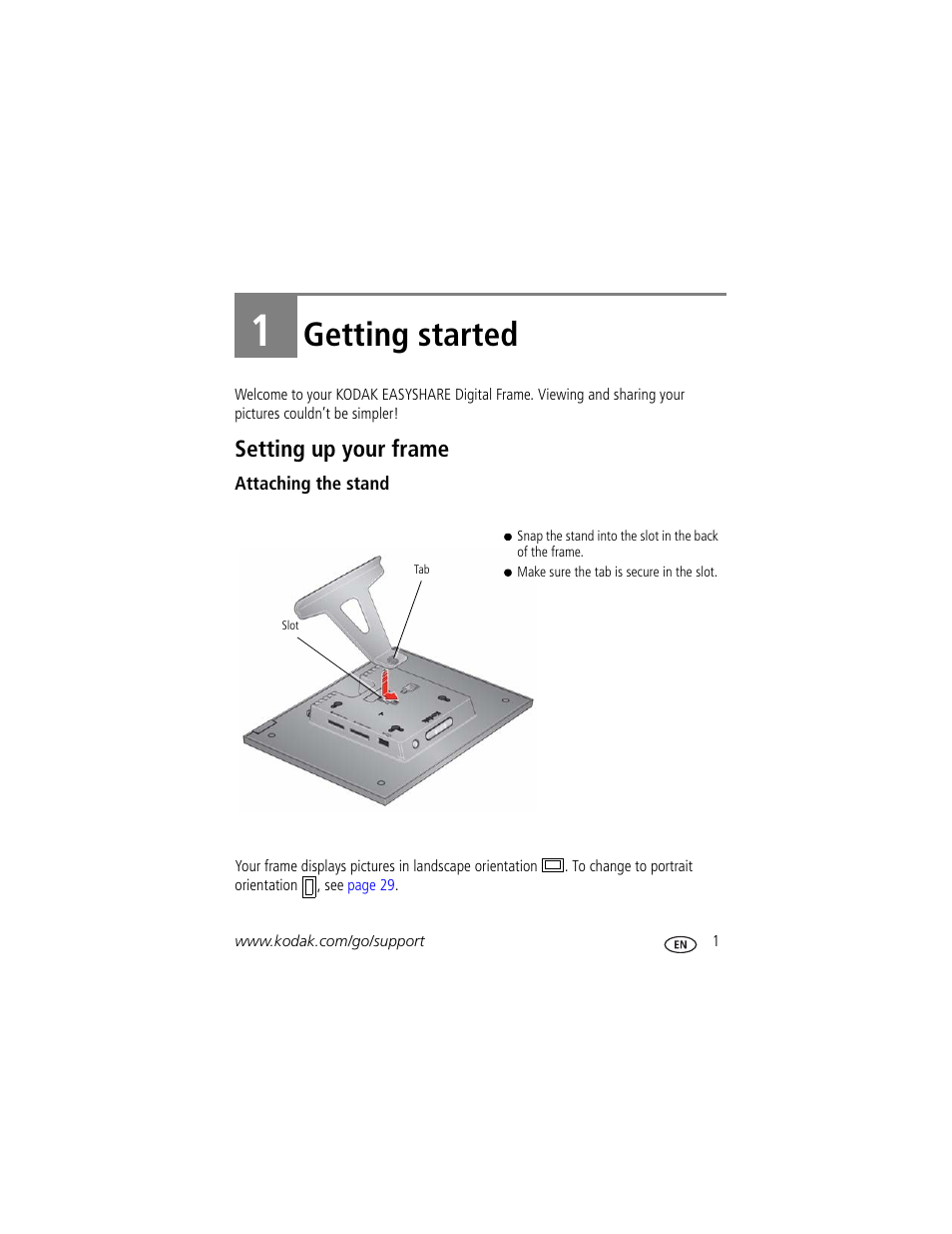 Getting started, Setting up your frame, Attaching the stand | 1 getting started | Kodak P730 User Manual | Page 7 / 52