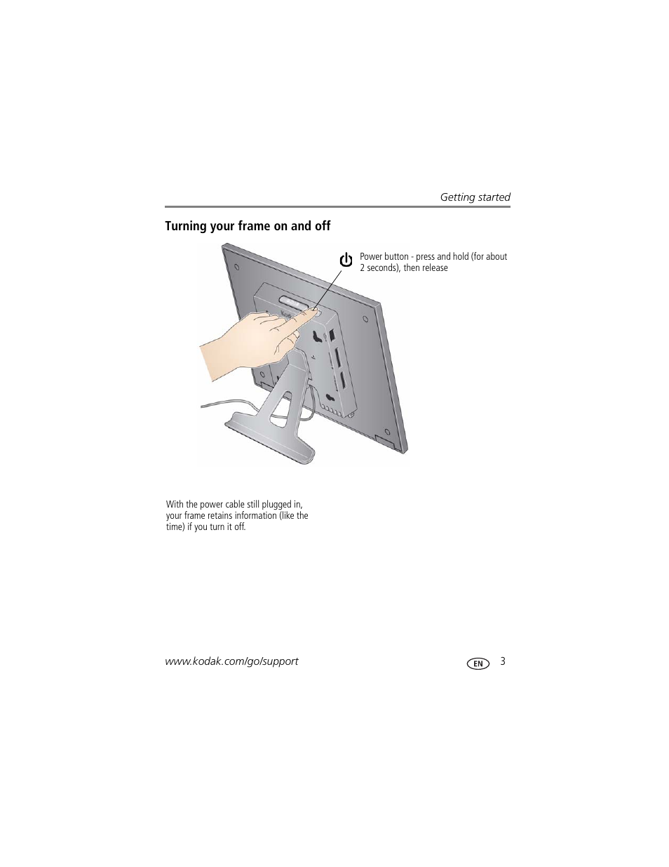 Turning your frame on and off | Kodak P730 User Manual | Page 9 / 52