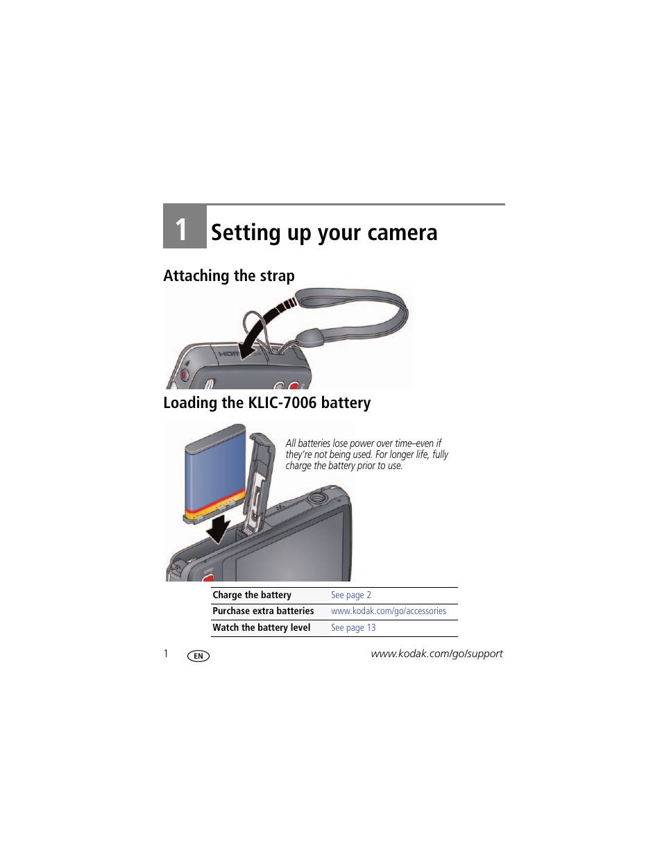 Setting up your camera, Attaching the strap, Loading the klic-7006 battery | 1 setting up your camera, Attaching the strap loading the klic-7006 battery | Kodak TOUCH M577 User Manual | Page 10 / 82