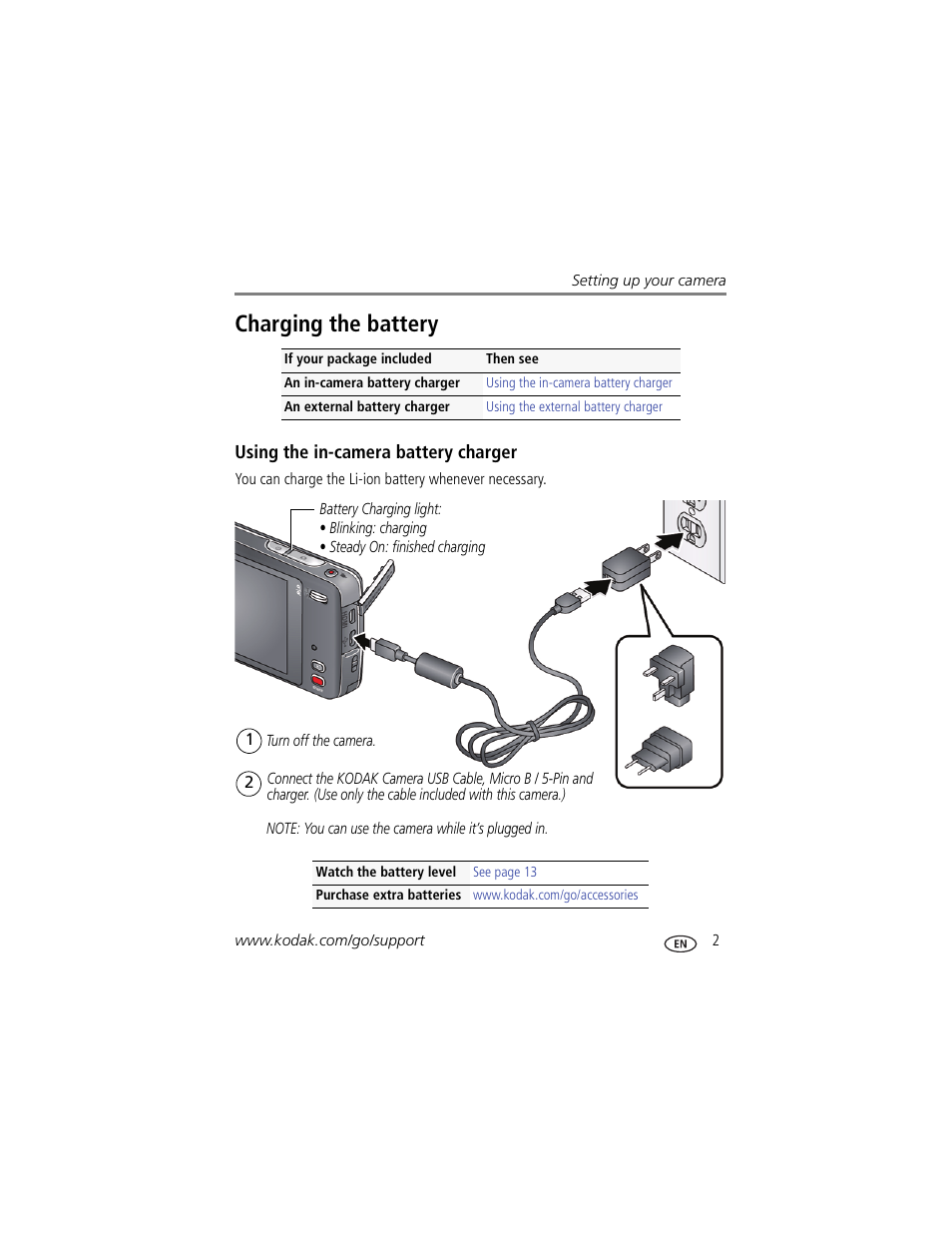 Using the in-camera battery charger, Charging the battery | Kodak TOUCH M577 User Manual | Page 11 / 82