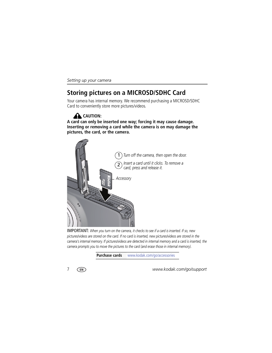 Storing pictures on a microsd/sdhc card | Kodak TOUCH M577 User Manual | Page 16 / 82