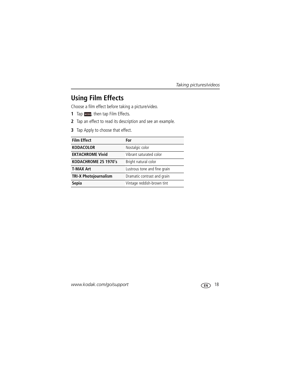 Using film effects | Kodak TOUCH M577 User Manual | Page 27 / 82
