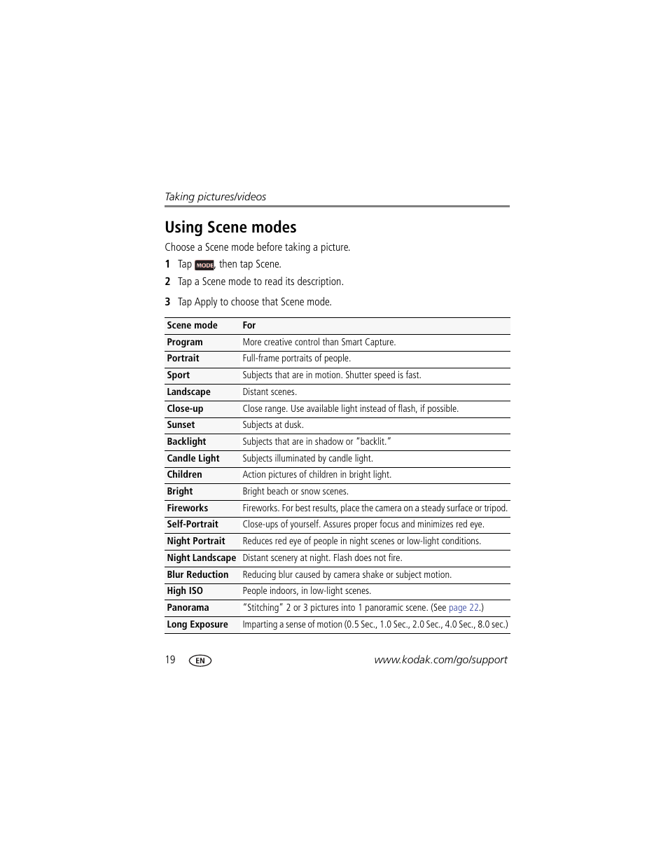 Using scene modes, Including | Kodak TOUCH M577 User Manual | Page 28 / 82