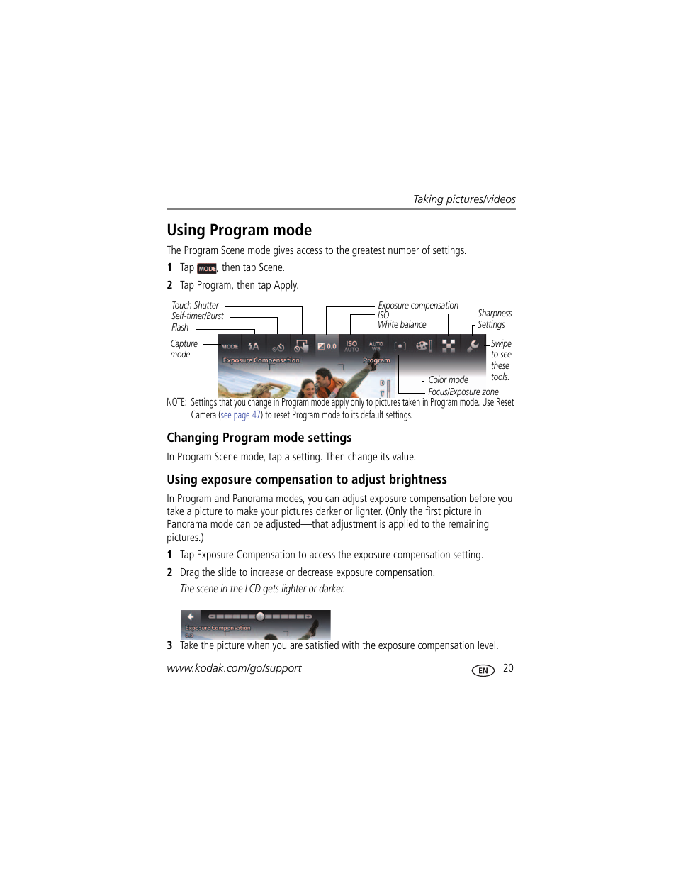 Changing program mode settings, Using exposure compensation to adjust brightness, Using program mode | Kodak TOUCH M577 User Manual | Page 29 / 82