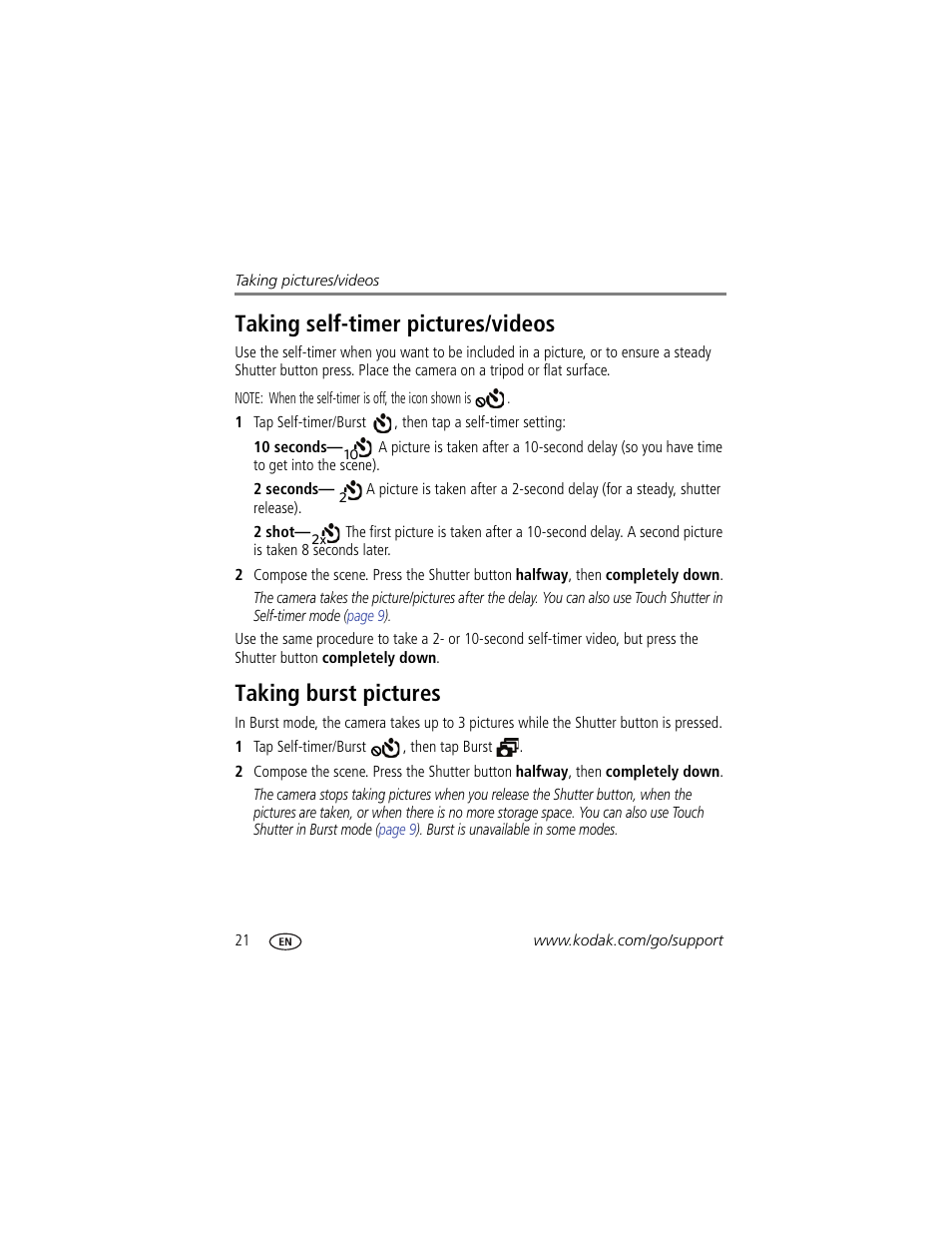 Taking burst pictures, Taking self-timer pictures/videos | Kodak TOUCH M577 User Manual | Page 30 / 82