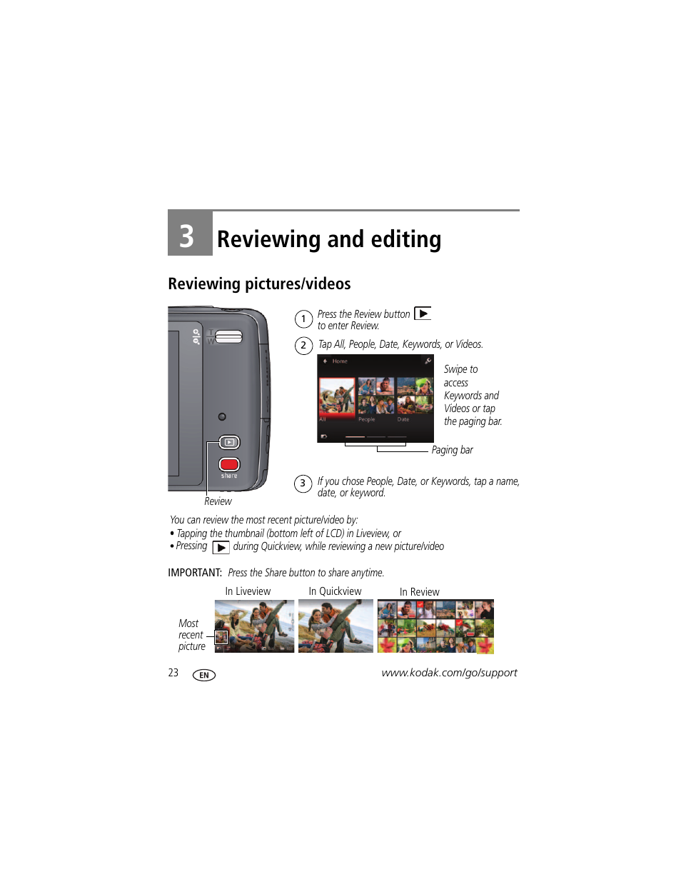 Reviewing and editing, Reviewing pictures/videos, 3 reviewing and editing | Kodak TOUCH M577 User Manual | Page 32 / 82