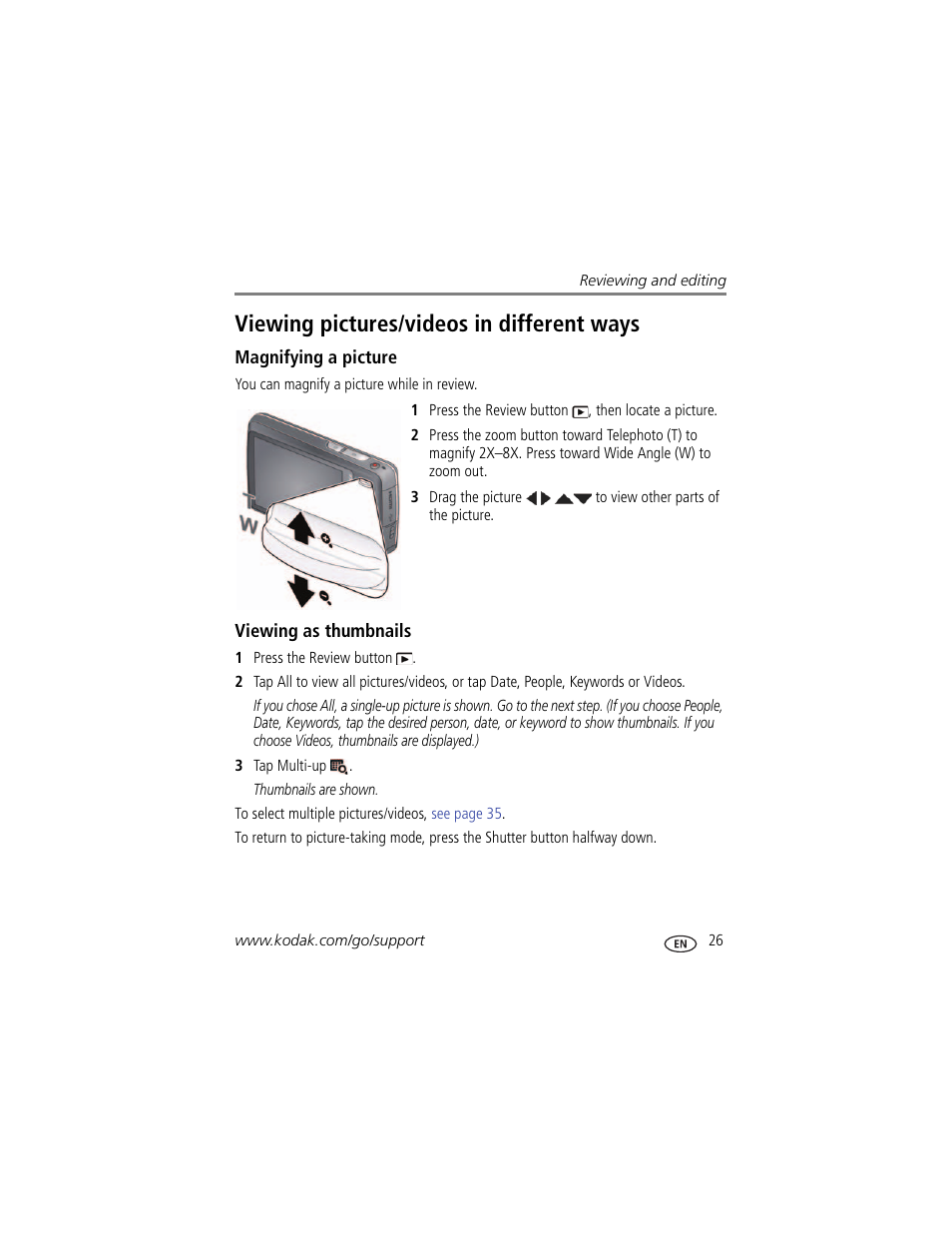 Magnifying a picture, Viewing as thumbnails, Viewing pictures/videos in different ways | Kodak TOUCH M577 User Manual | Page 35 / 82