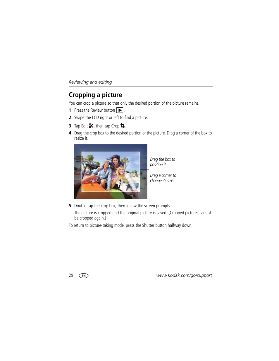 Cropping a picture | Kodak TOUCH M577 User Manual | Page 38 / 82
