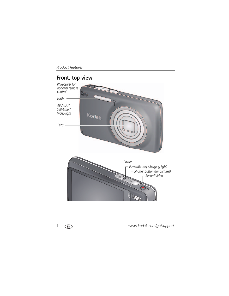 Product features, Front, top view | Kodak TOUCH M577 User Manual | Page 4 / 82