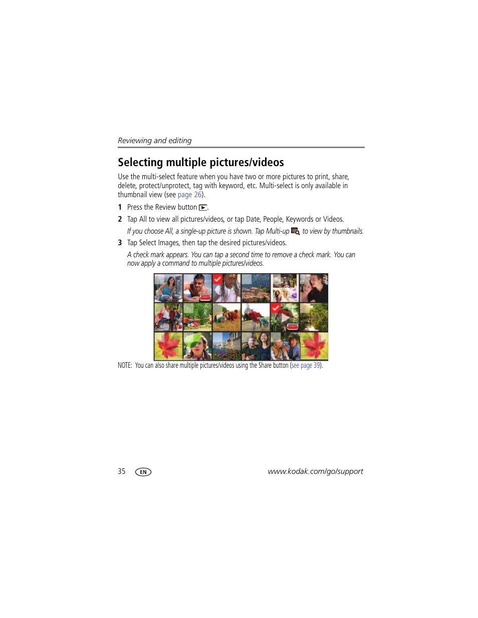 Selecting multiple pictures/videos | Kodak TOUCH M577 User Manual | Page 44 / 82