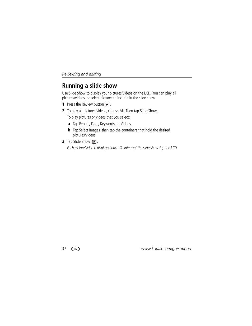 Running a slide show | Kodak TOUCH M577 User Manual | Page 46 / 82