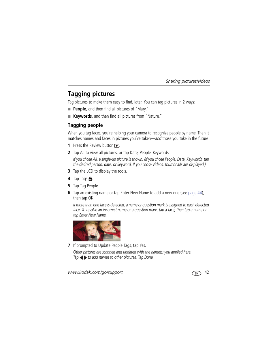 Tagging people, Tagging pictures, Tagging | Kodak TOUCH M577 User Manual | Page 51 / 82