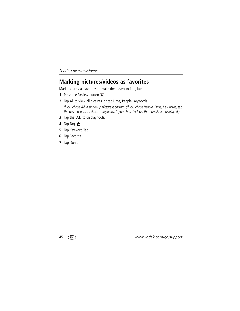 Marking pictures/videos as favorites | Kodak TOUCH M577 User Manual | Page 54 / 82