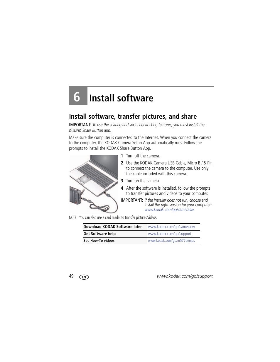 Install software, Install software, transfer pictures, and share, 6 install software | Kodak TOUCH M577 User Manual | Page 58 / 82