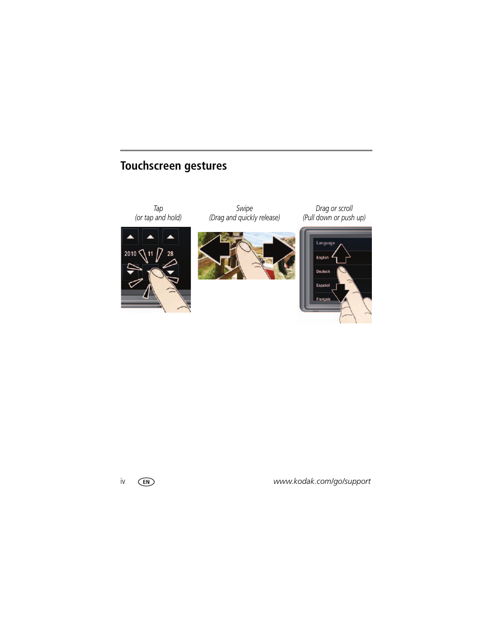 Touchscreen gestures | Kodak TOUCH M577 User Manual | Page 6 / 82