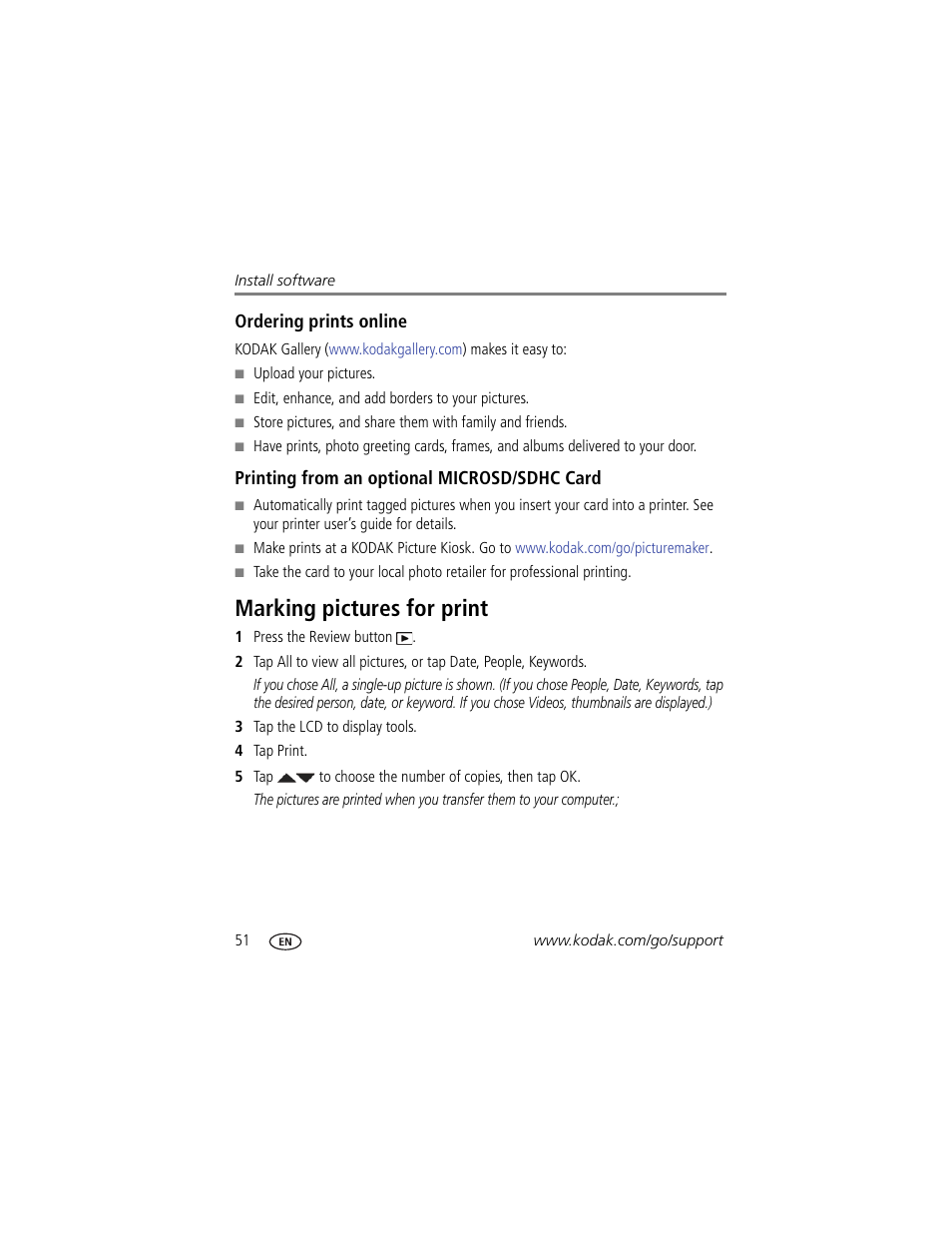 Ordering prints online, Printing from an optional microsd/sdhc card, Marking pictures for print | Kodak TOUCH M577 User Manual | Page 60 / 82