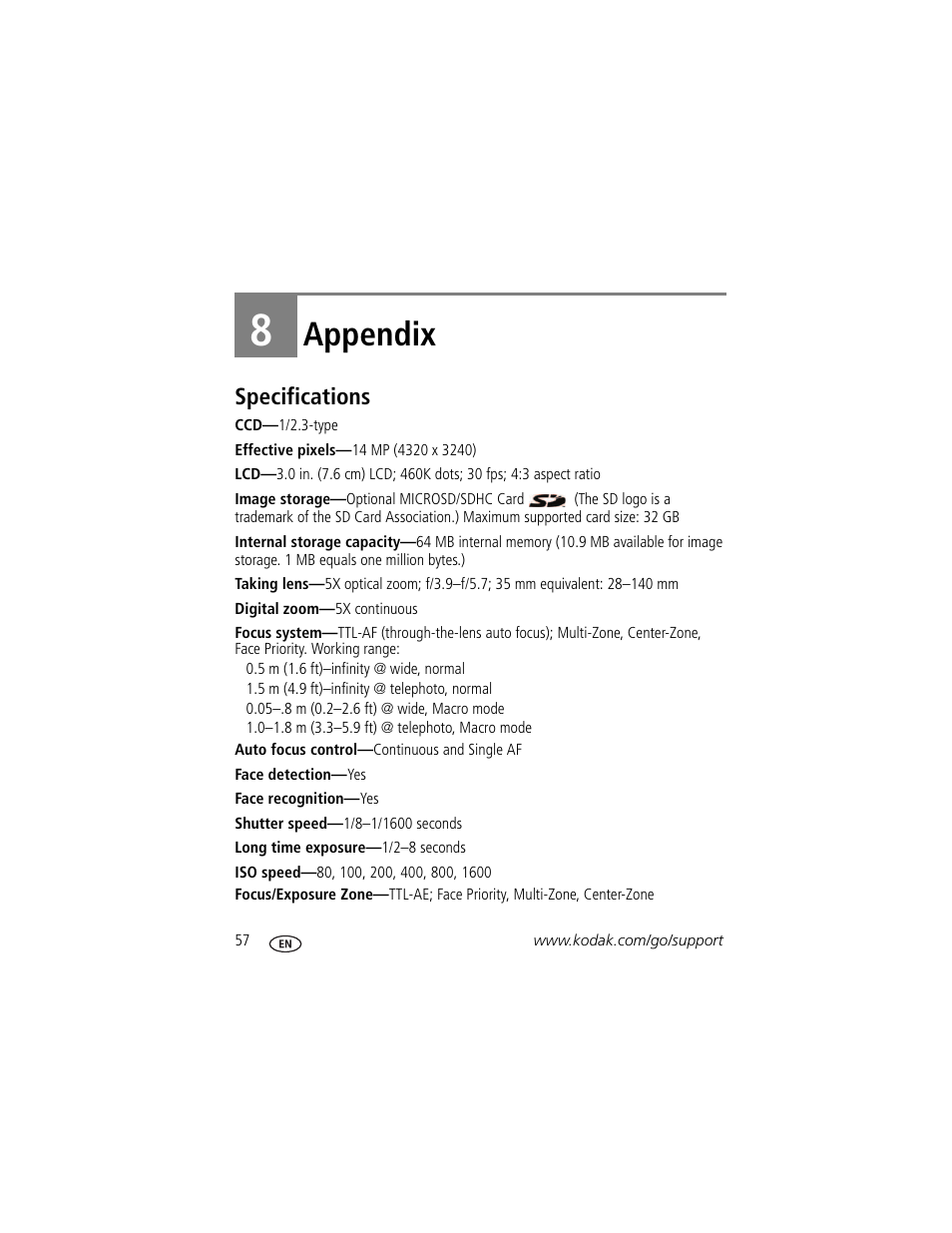 Appendix, Specifications, 8 appendix | Kodak TOUCH M577 User Manual | Page 66 / 82