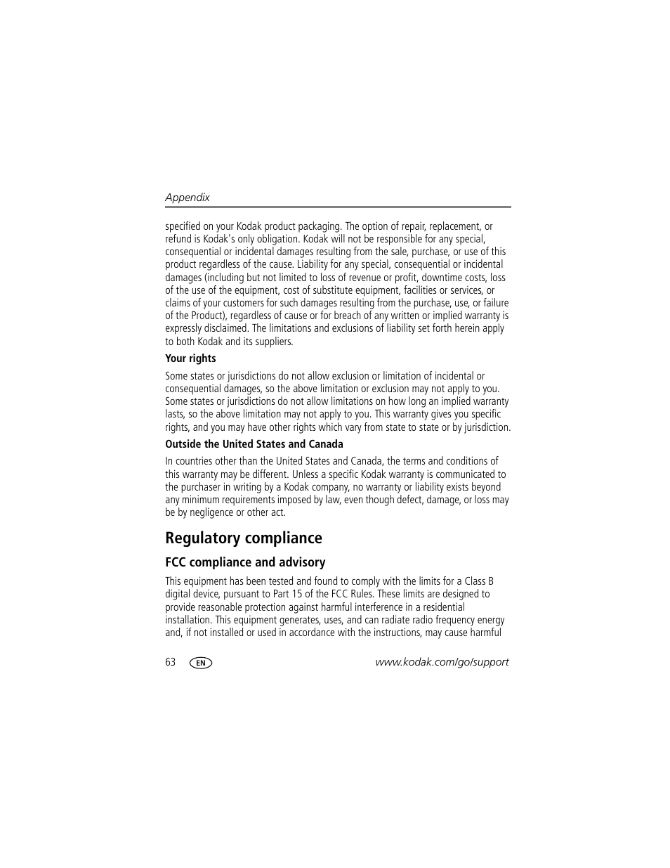 Regulatory compliance, Fcc compliance and advisory | Kodak TOUCH M577 User Manual | Page 72 / 82
