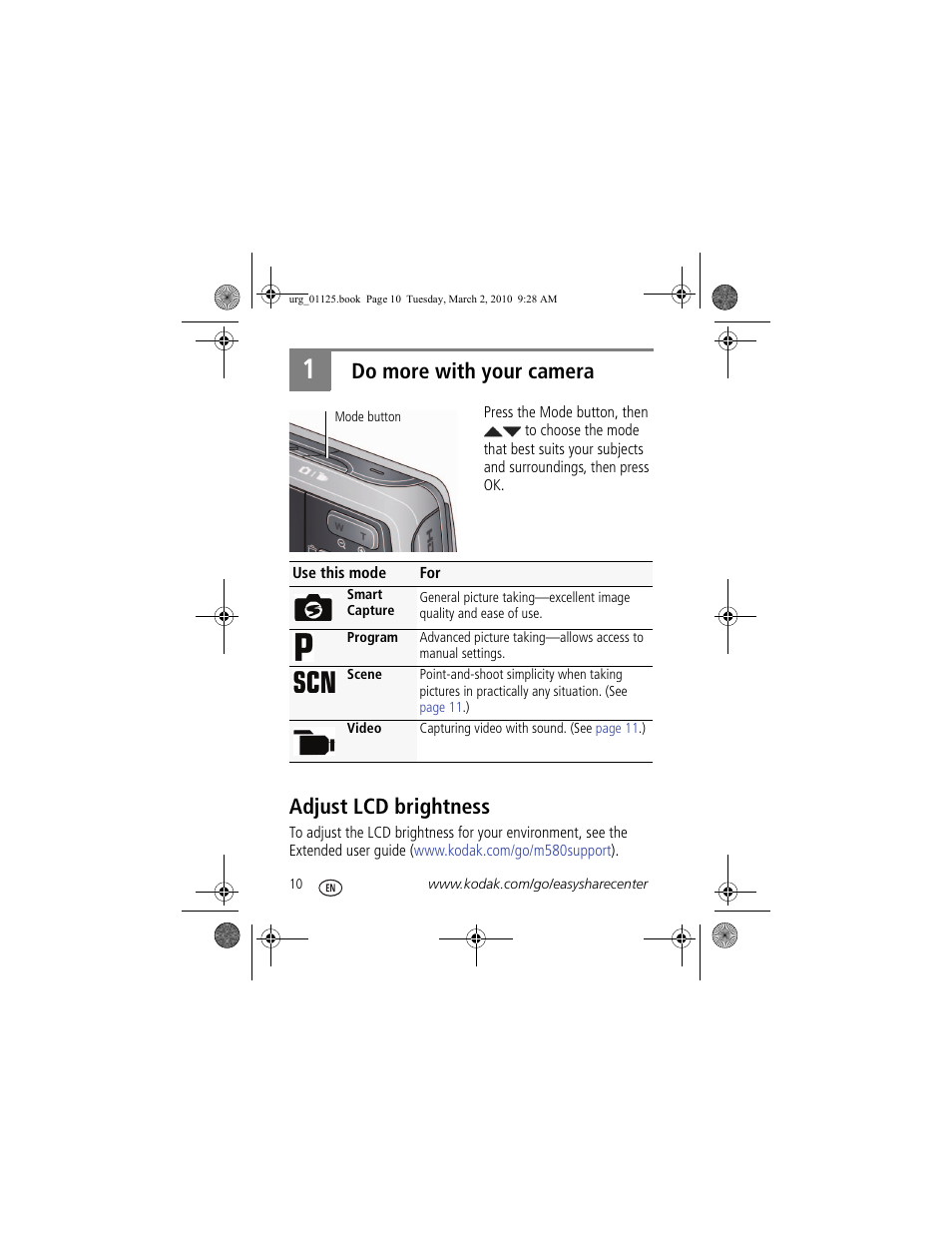 Do more with your camera, Adjust lcd brightness | Kodak M580 User Manual | Page 10 / 28