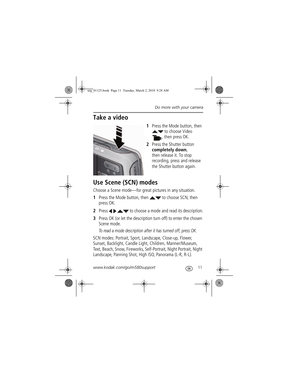 Take a video, Use scene (scn) modes | Kodak M580 User Manual | Page 11 / 28