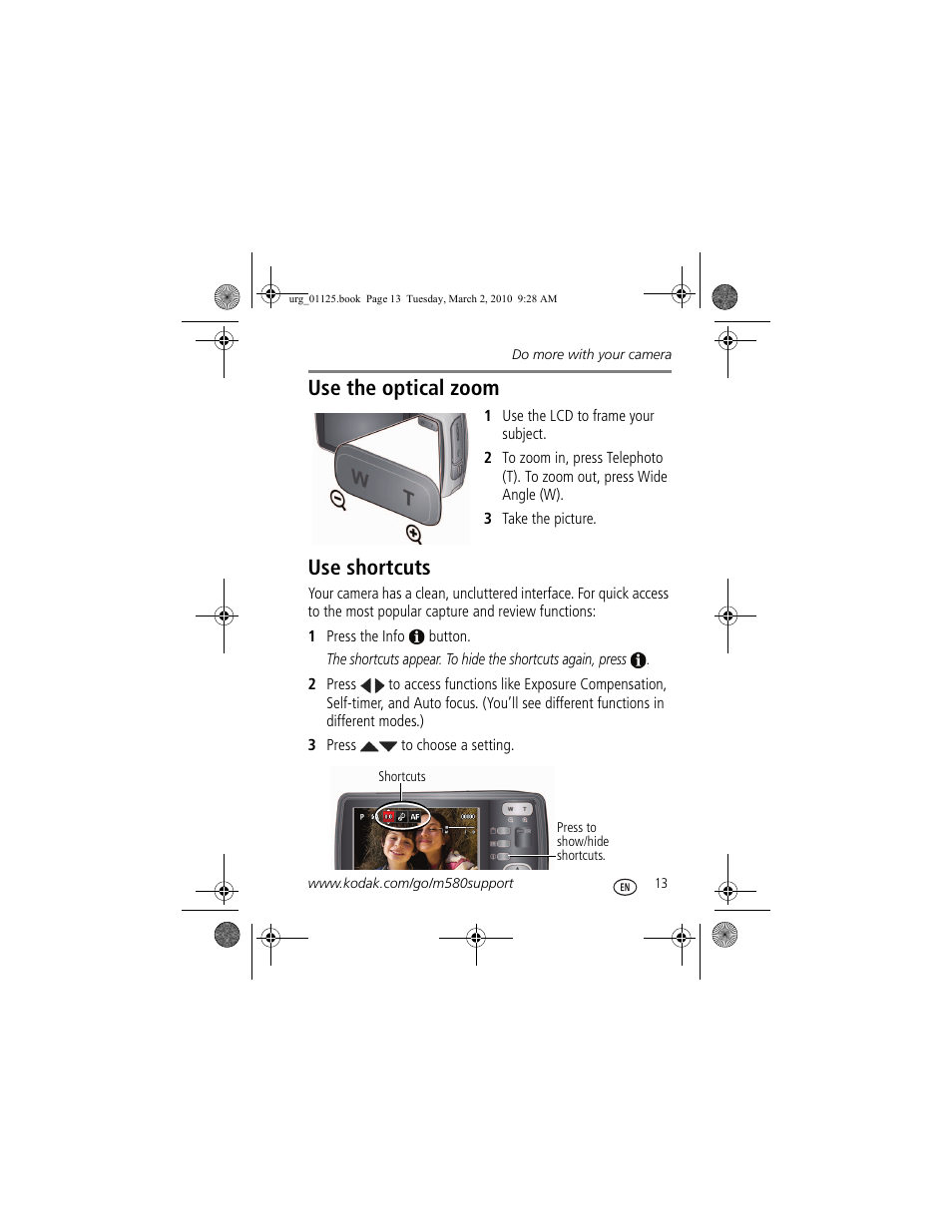 Use the optical zoom, Use shortcuts | Kodak M580 User Manual | Page 13 / 28