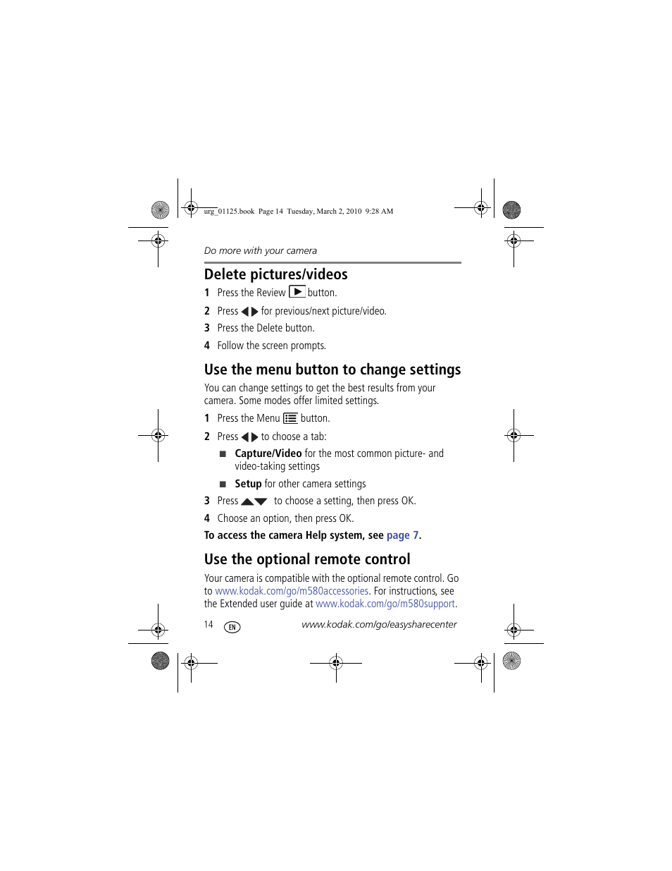 Delete pictures/videos, Use the menu button to change settings, Use the optional remote control | Kodak M580 User Manual | Page 14 / 28
