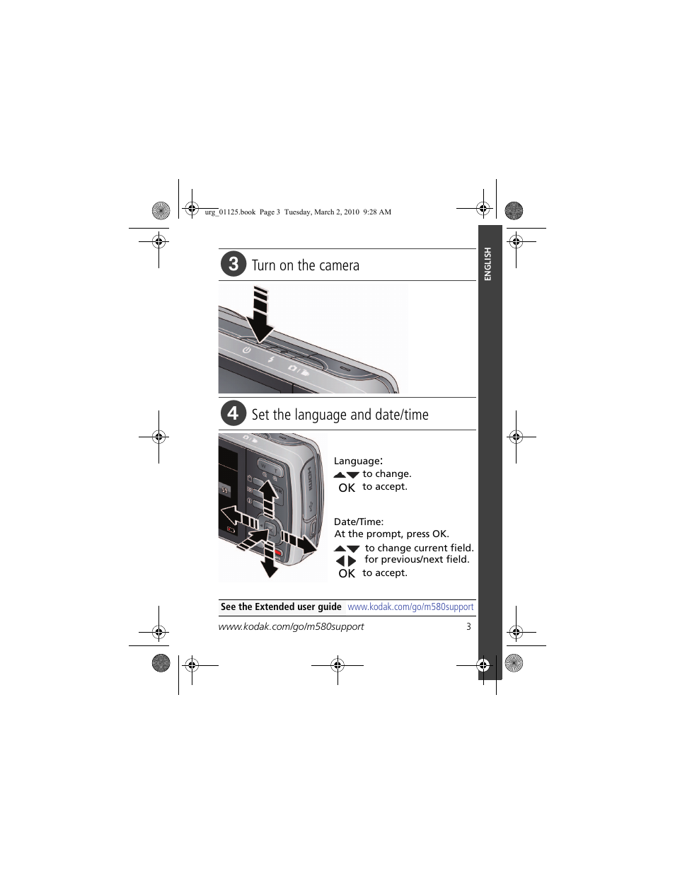 Turn on the camera, Set the language and date/time | Kodak M580 User Manual | Page 3 / 28