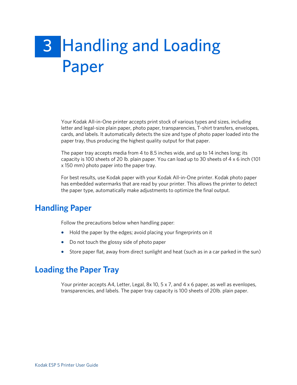 Handling and loading paper, Handling paper, Loading the paper tray | 3handling and loading paper 3 | Kodak ESP 5 User Manual | Page 19 / 79