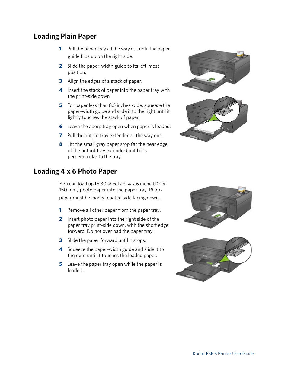 Loading plain paper, Loading 4 x 6 photo paper | Kodak ESP 5 User Manual | Page 20 / 79