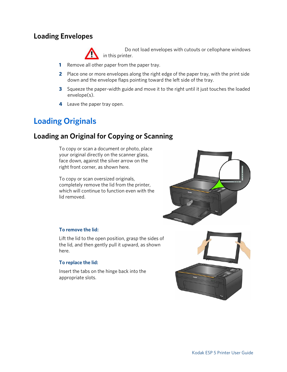 Loading envelopes, Loading originals, Loading an original for copying or scanning | Kodak ESP 5 User Manual | Page 22 / 79