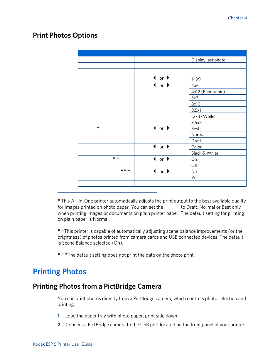 Print photos options, Printing photos, Printing photos from a pictbridge camera | Kodak ESP 5 User Manual | Page 25 / 79