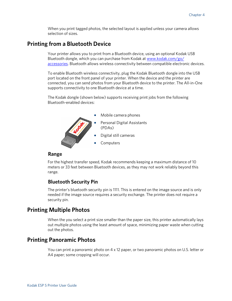 Printing from a bluetooth device, Range, Bluetooth security pin | Printing multiple photos, Printing panoramic photos | Kodak ESP 5 User Manual | Page 27 / 79