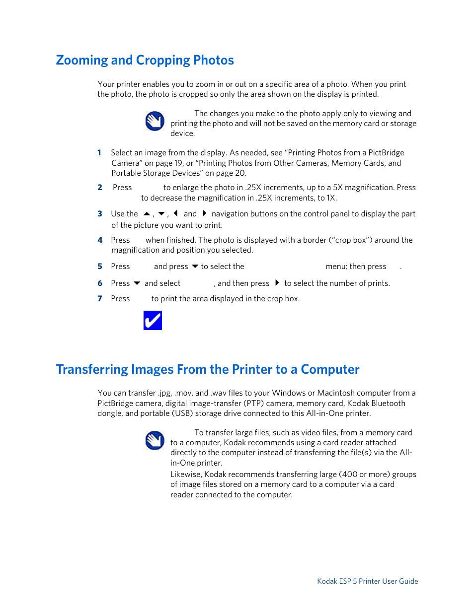 Zooming and cropping photos, Transferring images from the printer to a computer | Kodak ESP 5 User Manual | Page 28 / 79