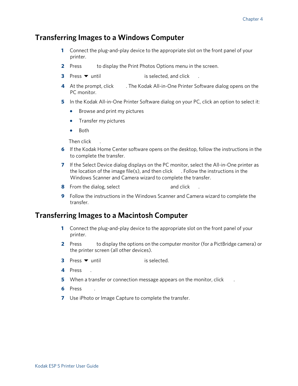 Transferring images to a windows computer, Transferring images to a macintosh computer | Kodak ESP 5 User Manual | Page 29 / 79