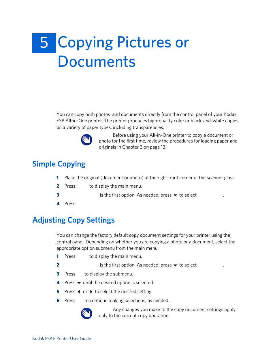 Copying pictures or documents, Simple copying, Adjusting copy settings | 5copying pictures or documents 5 | Kodak ESP 5 User Manual | Page 31 / 79