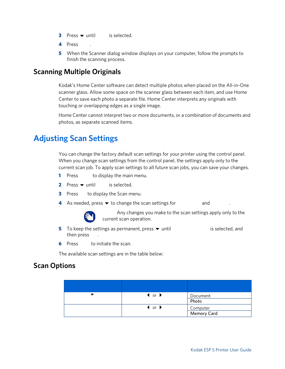 Scanning multiple originals, Adjusting scan settings, Scan options | Kodak ESP 5 User Manual | Page 36 / 79