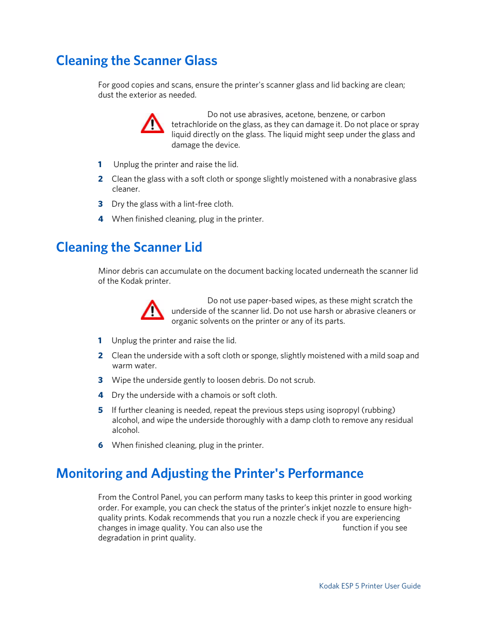 Cleaning the scanner glass, Cleaning the scanner lid, Monitoring and adjusting the printer's performance | Kodak ESP 5 User Manual | Page 40 / 79