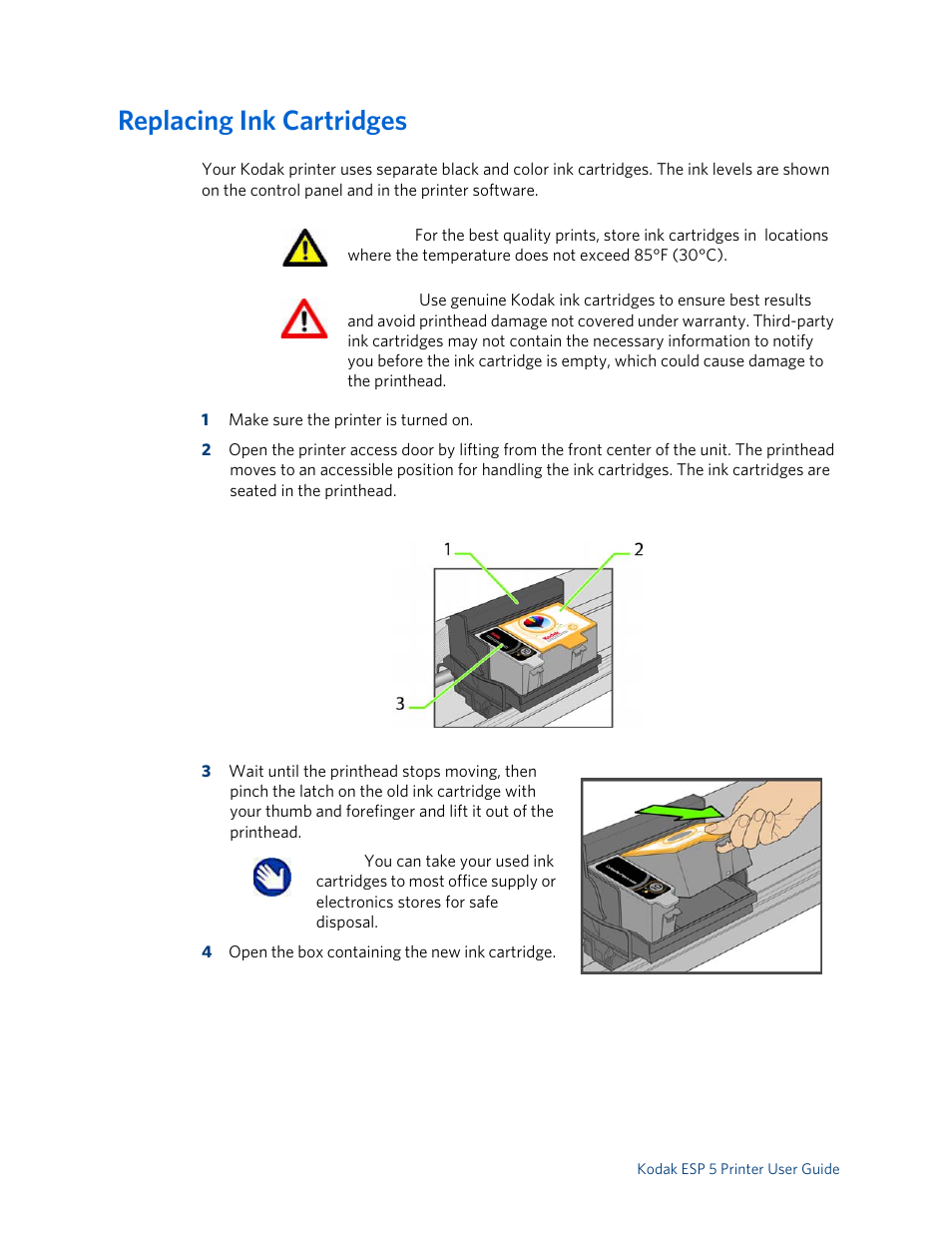 Replacing ink cartridges | Kodak ESP 5 User Manual | Page 42 / 79