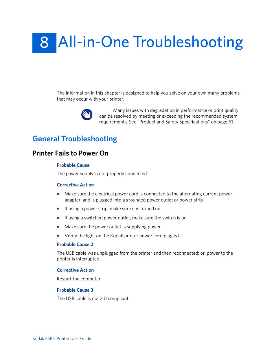 All-in-one troubleshooting, General troubleshooting, Printer fails to power on | 8all-in-one troubleshooting | Kodak ESP 5 User Manual | Page 47 / 79