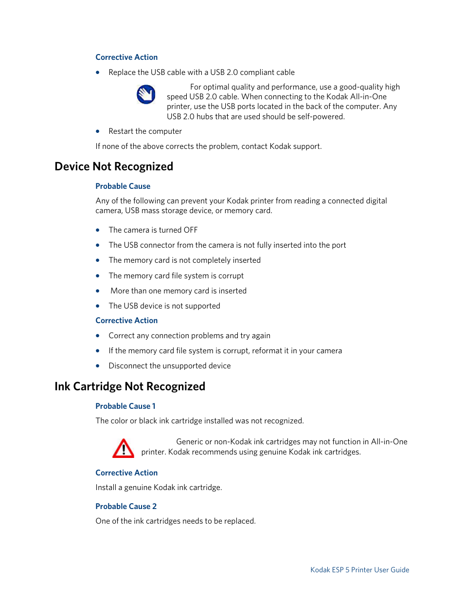 Device not recognized, Ink cartridge not recognized | Kodak ESP 5 User Manual | Page 48 / 79