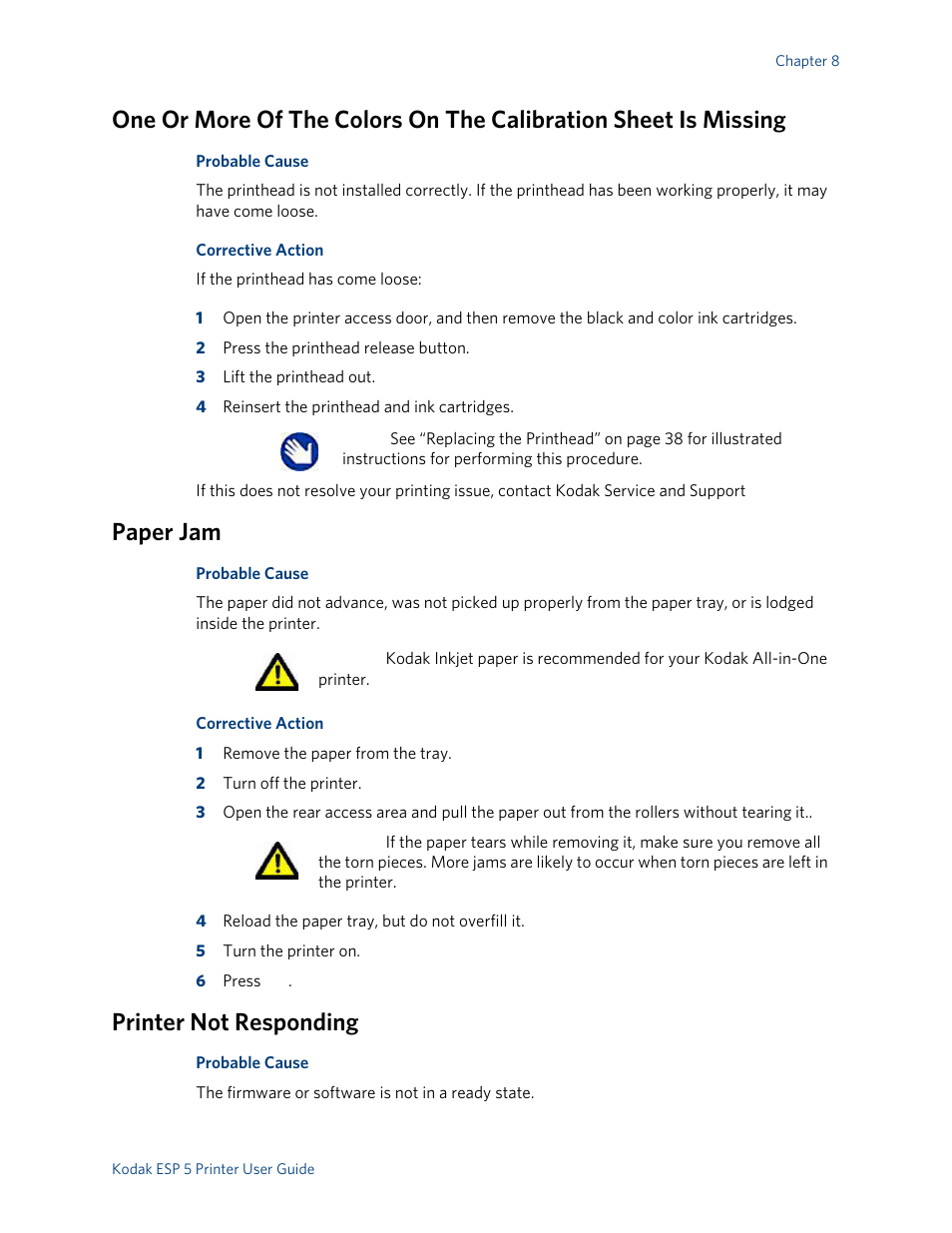 Paper jam, Printer not responding | Kodak ESP 5 User Manual | Page 51 / 79