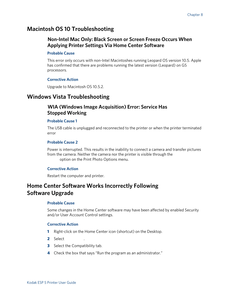 Macintosh os 10 troubleshooting, Windows vista troubleshooting | Kodak ESP 5 User Manual | Page 53 / 79