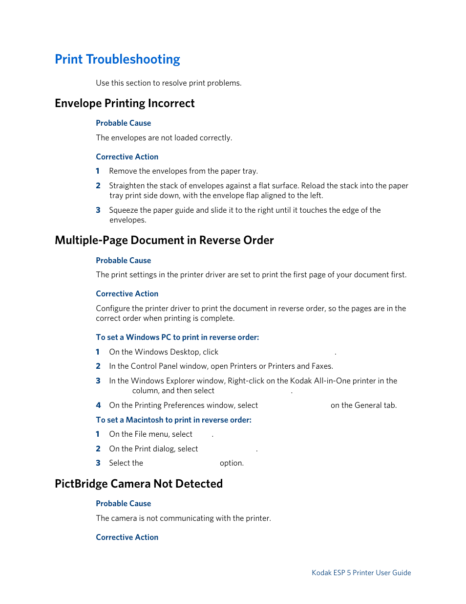 Print troubleshooting, Envelope printing incorrect, Pictbridge camera not detected | Multiple-page document in reverse order | Kodak ESP 5 User Manual | Page 54 / 79