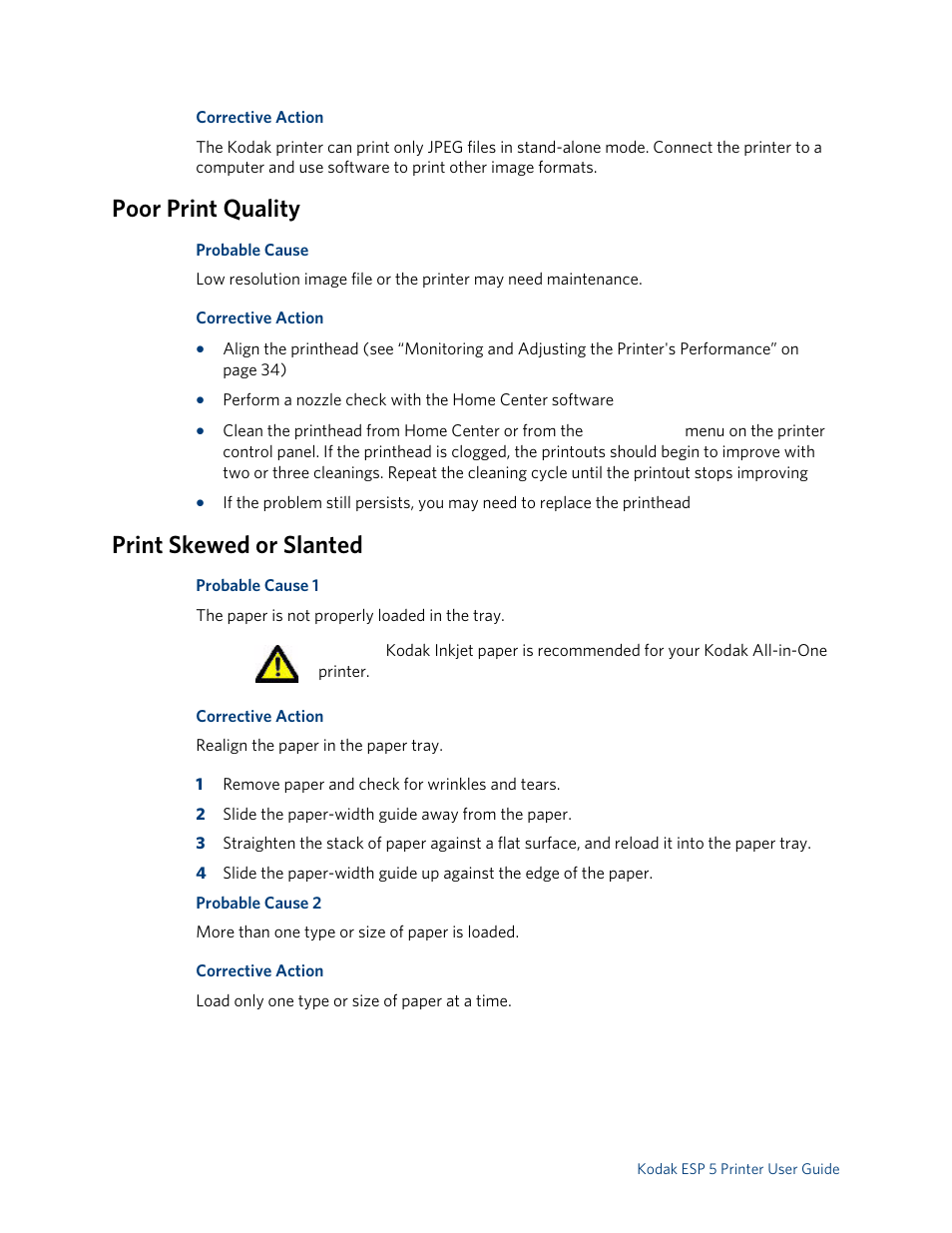 Poor print quality, Print skewed or slanted | Kodak ESP 5 User Manual | Page 56 / 79