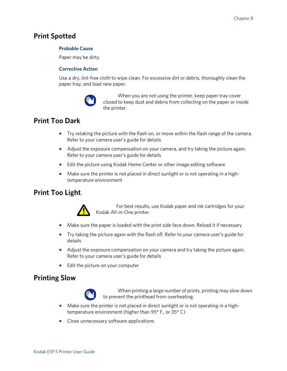 Print spotted, Print too dark, Print too light | Printing slow | Kodak ESP 5 User Manual | Page 57 / 79