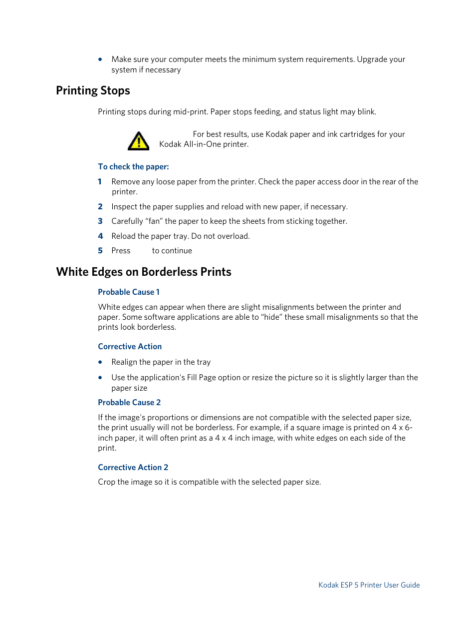 Printing stops, White edges on borderless prints | Kodak ESP 5 User Manual | Page 58 / 79